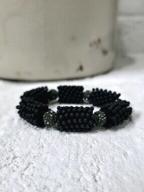 Black Beaded Stretch Bracelet | Crystal Accent Statement Bracelet | Boho Chic